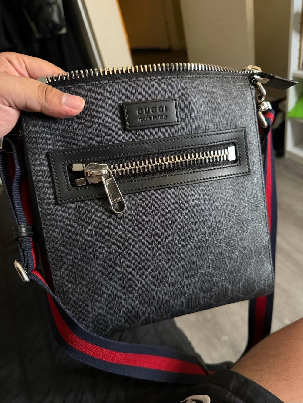 Gucci Black Leather with red and blue  Handbag with Interior Serial Tag